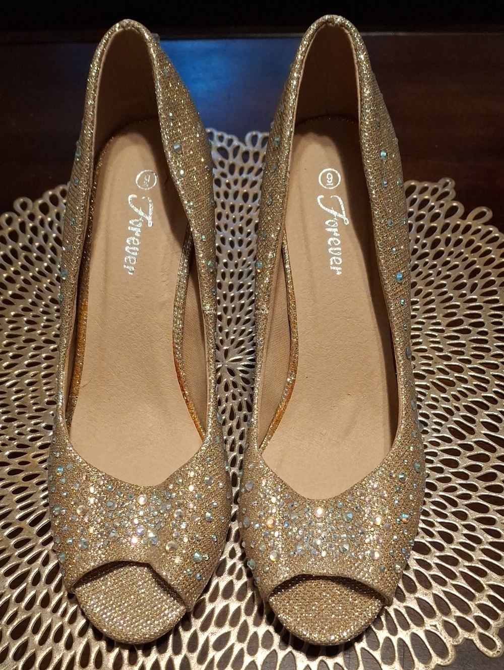 Forever 21 Gold Glitter Wedge Pumps with Rhinestone Accents